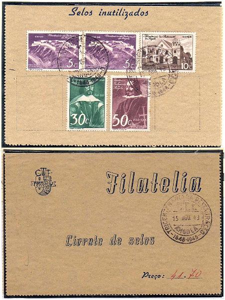 1153.jpg -     Lote:    1153            Angola       Descrição:         1948 &mdash; Tricentenário da Restauração de Angola. Livrete de selos editado pelos Correios de Angola, comemorativo do evento, com dois selos de 5c, 10c, 30c e 50c, CE292/95. Raro.        CRT       Valor Base:     &euro; 10,00     Valor Venda:     &euro;      