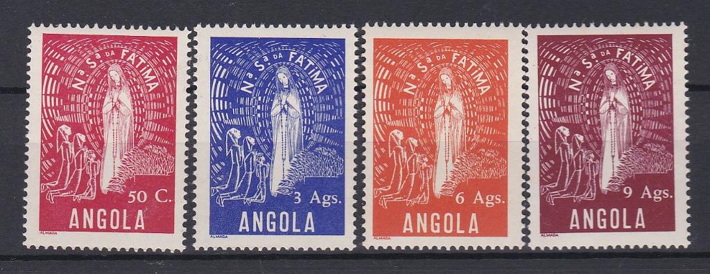1154.jpg -     Lote:    1154            Angola       Descrição:         1948 &mdash; Nossa Senhora de Fátima. CE 302/305. Série completa com goma original sem sinal de charneira. Valor de catálogo &euro; 140,00.        ***       Valor Base:     &euro; 30,00     Valor Venda:     &euro;      
