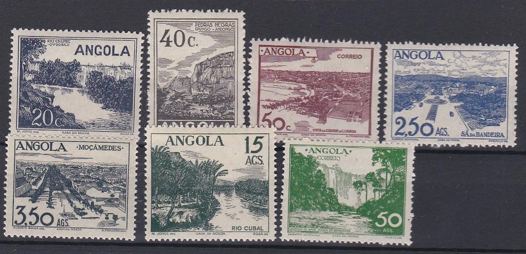 1155.jpg -     Lote:    1155            Angola       Descrição:         1949 &mdash; Vistas de Angola. CE 311/317. Série completa. Apenas o selo de 50 Ags com sinal de charneira. Valor de catálogo &euro; 180,00.        ***/**       Valor Base:     &euro; 35,00     Valor Venda:     &euro;      