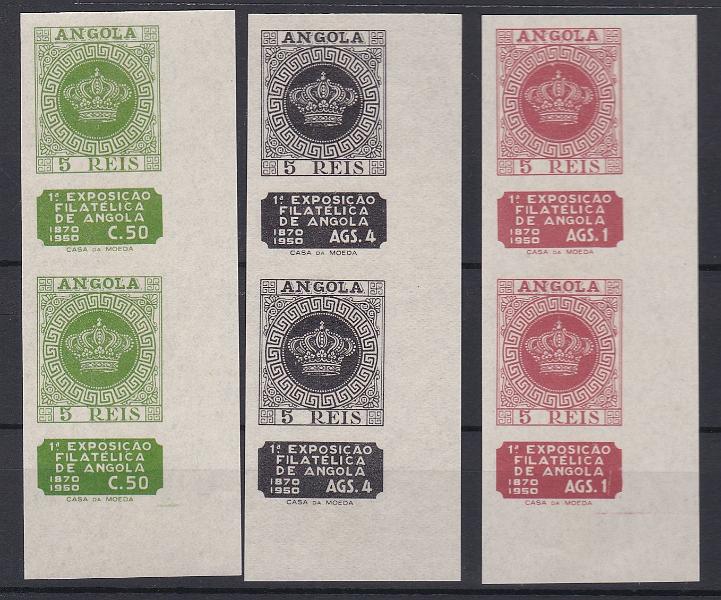1159.jpg -     Lote:    1159            Angola       Descrição:         1950 &mdash; 1.ª Exposição Filatélica de Angola. CE 321/323. Série completa em pares verticais não denteada. MB e MR.        ***       Valor Base:     &euro; 75,00     Valor Venda:     &euro;      