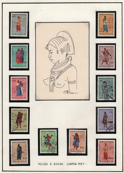 1161.jpg -     Lote:    1161            Angola       Descrição:         1957 &mdash; Tipos Indígenas. CE 388/399. Série completa usada, montada em folha com desenho assinado de Neves e Sousa.        Lote       Valor Base:     &euro; 20,00     Valor Venda:     &euro;      