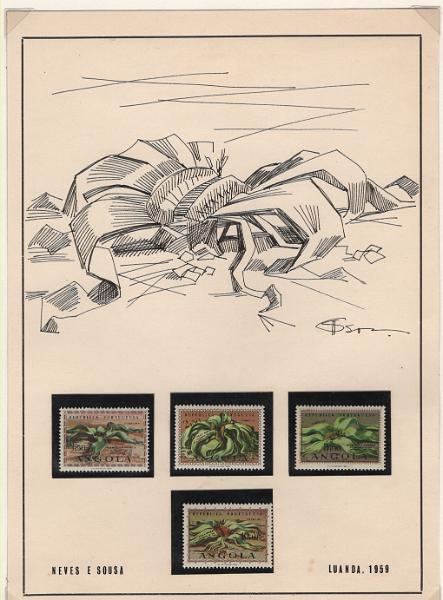 1163.jpg -     Lote:    1163            Angola       Descrição:         1959 &mdash; Centenário da Descoberta da Welwitschia Mirábilis. CE406/409. Série completa em folha com desenho assinado de Neves de Sousa.        Lote       Valor Base:     &euro; 25,00     Valor Venda:     &euro;      