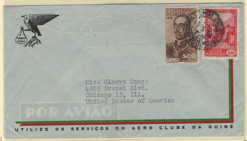 1209.jpg -     Lote:    1209            Guiné       Descrição:         1946/48 &mdash; 5.º Centenário da Descoberta da Guiné + Motivos da Guiné. Sobrescrito circulado de Bissau (15.05.51) para os EUA com selo de 5$00 CE246 e selo de 1$00 CE258.        Carta       Valor Base:     &euro; 26,00     Valor Venda:     &euro;      