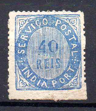 1222.jpg -     Lote:    1222            Índia       Descrição:         1871 &mdash; Nativos. Tipo II. CE10, 40 reis azul, papel espesso. Valor de catálogo &euro; 155,00.        **       Valor Base:     &euro; 25,00     Valor Venda:     &euro;      