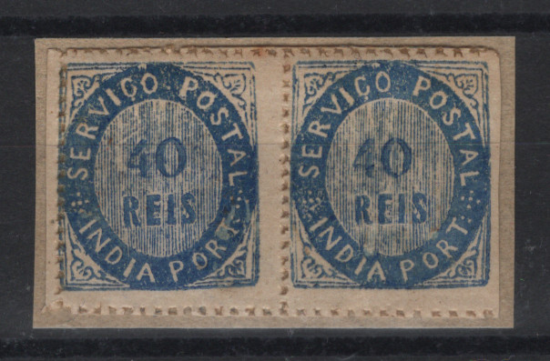 1223.jpg -     Lote:    1223            Índia       Descrição:         1871 &mdash; Nativos. Tipo II. CE10, 40 reis, azul, papel espesso. Par horizontal. Valor de catálogo &euro; 310,00.        **       Valor Base:     &euro; 90,00     Valor Venda:     &euro;      