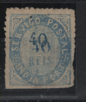 1224.jpg -     Lote:    1224            Índia       Descrição:         1871 &mdash; Nativos. Tipo II. CE10, 40 reis, azul, papel espesso. Selo com dupla impressão do valor. Valor de catálogo &euro; 2.500,00.        *       Valor Base:     &euro; 750,00     Valor Venda:     &euro;      