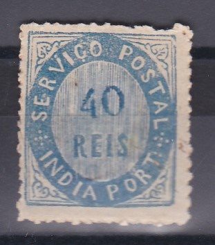 1225.jpg -     Lote:    1225            Índia       Descrição:         1871 &mdash; Nativos. Tipo II CE10, 40 réis azul, papel espesso. Exemplar sem defeitos ou reparações, com irregularidades no denteado, normais nestes selos e com boa cor. Certificado de Peritagem de J. M. Miranda da Mota. Valor de catálogo &euro; 156,00.        (*)       Valor Base:     &euro; 45,00     Valor Venda:     &euro;      