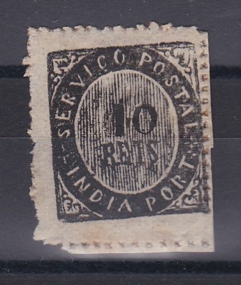 1232.jpg -     Lote:    1232            Índia       Descrição:         1873 &mdash; Nativos. Tipos IA. CE16, 10 réis preto, papel azulado fino. Selo sem defeitos ou reparações. Valor de catálogo &euro; 110,00. Certificado de Peritagem de J. M. Miranda da Mota        (*)       Valor Base:     &euro; 30,00     Valor Venda:     &euro;      