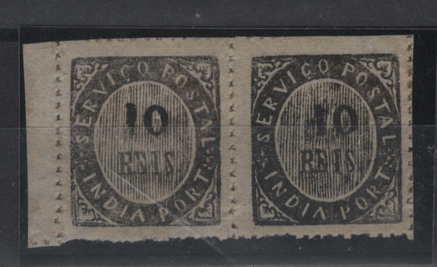 1233.jpg -     Lote:    1233            Índia       Descrição:         1873 &mdash; Nativos. Tipo IB. CE16, 10 reis, preto. Par horizontal, bordo de folha. Valor de catálogo &euro; 48,00.        **       Valor Base:     &euro; 25,00     Valor Venda:     &euro;      