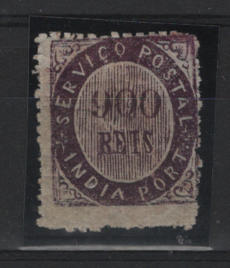1241.jpg -     Lote:    1241            Índia       Descrição:         1873 &mdash; Nativos. Tipo IA. CE20, 900 reis, violeta, papel azulado fino. Selo com grande adelgaçamento no lado esquerdo. Valor de catálogo &euro; 295,00.        **       Valor Base:     &euro; 45,00     Valor Venda:     &euro;      
