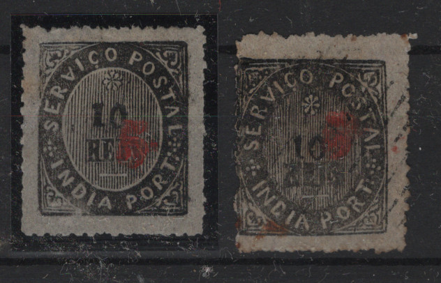 1248.jpg -     Lote:    1248            Índia       Descrição:         1881 &mdash; Nativos, com sobretaxa. CE62, 5 s/ 10 reis. Lote com dois selos: CE62 (37) novo + CE62 (38) usado. Valor de catálogo &euro; 230,00.        */O       Valor Base:     &euro; 35,00     Valor Venda:     &euro;      