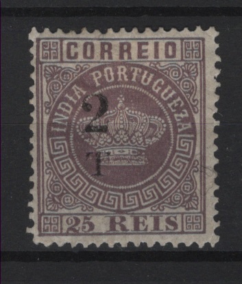 1251.jpg -     Lote:    1251            Índia       Descrição:         1881/83 &mdash; Tipo Coroa, com sobretaxa. CE95, 2T s/ 25 reis violeta, denteado 12 &frac12;. Valor de catálogo &euro; 35,00.        (*)       Valor Base:     &euro; 8,00     Valor Venda:     &euro;      