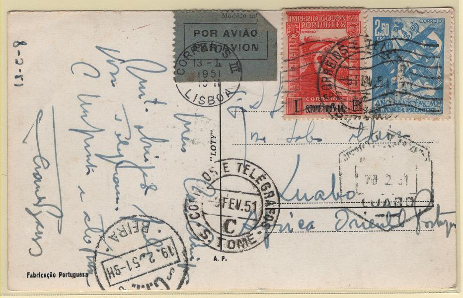 1269.jpg -     Lote:    1269            Índia       Descrição:         1938/50 &mdash; Império Colonial Português + Ano Santo. Postal ilustrado circulado por via aérea de S. Tomé (09.02.51) para Luabo (20.02.51) com selos de 1E CE331 e 2$50 CE349.        PI       Valor Base:     &euro; 10,00     Valor Venda:     &euro;      