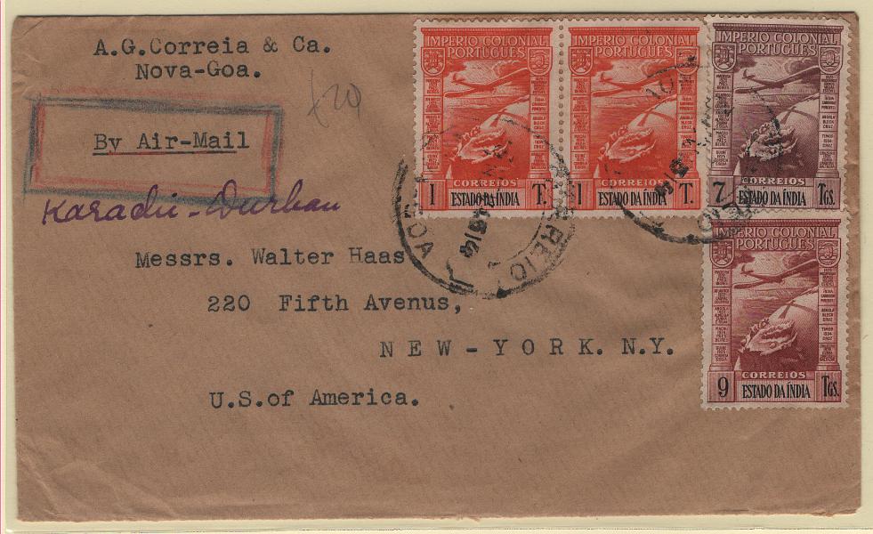 1276.jpg -     Lote:    1276            Índia       Descrição:         1938 &mdash; Correio aéreo. Império Colonial Português. Sobrescrito circulado por via aérea de karachi a Durban, remetido de Nova Goa (07.11.45) para os EUA com selos de 2x1, 7 e 9 Tgs CE CA1, 5 e 7.        Carta       Valor Base:     &euro; 15,00     Valor Venda:     &euro;      