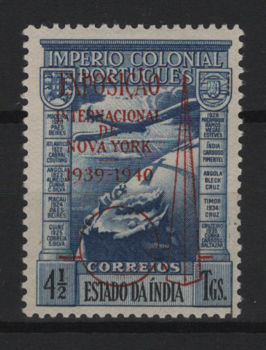 1279.jpg -     Lote:    1279            Índia       Descrição:         1939 &mdash; Correio Aéreo. Império Colonial Português, com sobrecarga "EXPOSIÇÃO INTERNACIONAL DE NOVA YORK 1939-1940. CE CA4A, 4 &frac12; Tgs. Selo com sinal de charneira quase impercetível. Valor de catálogo &euro; 150,00.        **       Valor Base:     &euro; 35,00     Valor Venda:     &euro;      