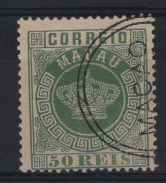 1282.jpg -     Lote:    1282            Macau       Descrição:         1884 &mdash; Tipo Coroa. CE6, 50 reis verde, denteado 13 &frac12;. Valor de catálogo &euro; 60,00.        O       Valor Base:     &euro; 12,00     Valor Venda:     &euro;      