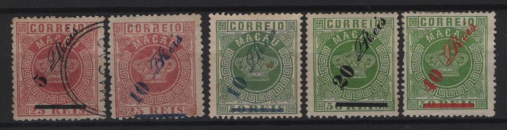1283.jpg -     Lote:    1283            Macau       Descrição:         1885 &mdash; Tipo Coroa. Com sobretaxa. CE 11/15. Série completa: CE11 em usado e restantes em novo. CE11/12 em denteado 12 &frac12; e restantes em denteado 13 &frac12;. Selo CE13 com pequena mancha. Valor de catálogo &euro; 581,00.        */O       Valor Base:     &euro; 100,00     Valor Venda:     &euro;      