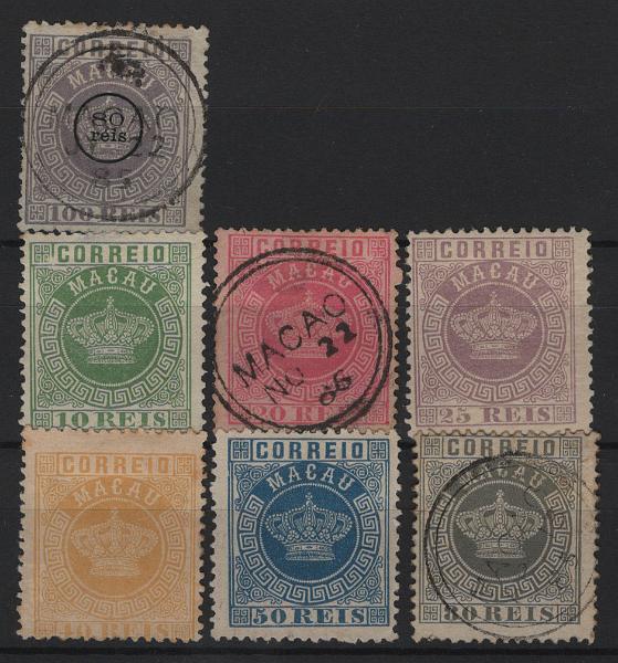 1284.jpg -     Lote:    1284            Macau       Descrição:         1884/1885 &mdash; Tipo Coroa, com sobretaxa + Tipo Coroa. Novos valores e cores. Lote composto por CE10, denteado 12 &frac12; + CE16/21, série completa, com selos de 20 e 80 reis usados, restantes novos, apenas 25 reis com goma. Valor de catálogo &euro; 277,00.        **/*/O       Valor Base:     &euro; 45,00     Valor Venda:     &euro;      