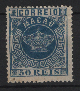 1285.jpg -     Lote:    1285            Macau       Descrição:         1885/86 &mdash; Tipo Coroa. Novas cores e valores. CE20, 50 reis azul, denteado 13 &frac12;. Valor de catálogo &euro; 145,00.        **       Valor Base:     &euro; 30,00     Valor Venda:     &euro;      