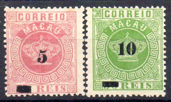 1287.jpg -     Lote:    1287            Macau       Descrição:         1885 &mdash; Tipo Coroa, com sobretaxa. CE 22/23. Série completa em denteado 12 &frac12;. Valor de catálogo &euro; 66,00.        *       Valor Base:     &euro; 10,00     Valor Venda:     &euro;      