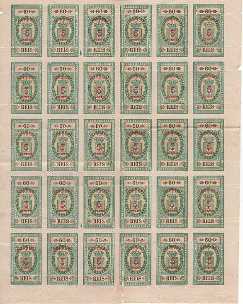 1289.jpg -     Lote:    1289            Macau       Descrição:         1887 &mdash; Selos fiscais, com sobretaxa e denteados. CE29, 5 s/ 60 reis. Folha completa com 30 selos. Valor de catálogo &euro; 4.500,00.        *       Valor Base:     &euro; 750,00     Valor Venda:     &euro;      