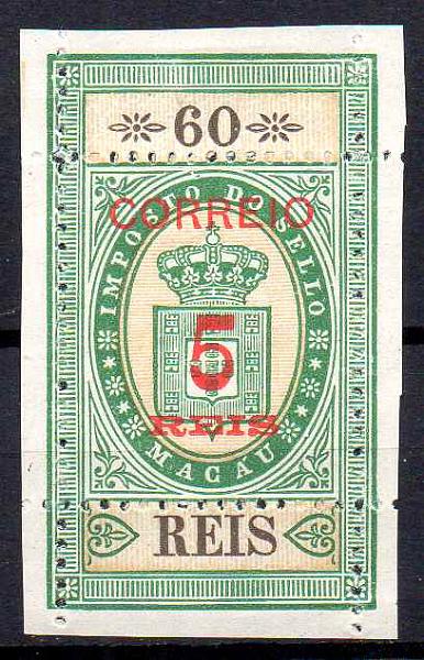 1291.jpg -     Lote:    1291            Macau       Descrição:         1887 &mdash; Selos fiscais, com sobretaxa e denteados. CE29, 5 s/ 60 avos. Valor de catálogo &euro; 150,00.        *       Valor Base:     &euro; 25,00     Valor Venda:     &euro;      