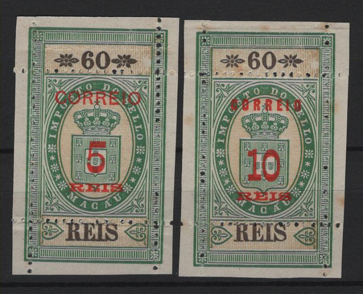 1292.jpg -     Lote:    1292            Macau       Descrição:         1887 &mdash; Selos fiscais, com sobretaxa e denteados. CE 29/30, 5 s/ 60 reis e 10 s/ 60 reis. Valor de catálogo &euro; 340,00.        *       Valor Base:     &euro; 60,00     Valor Venda:     &euro;      