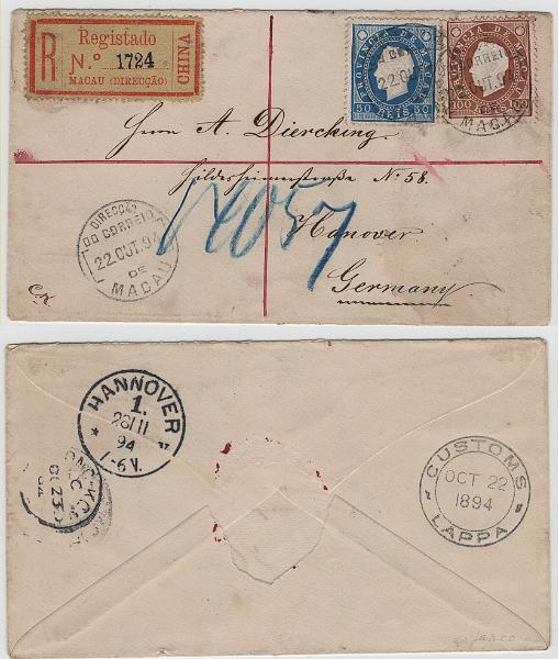 1293.jpg -     Lote:    1293            Macau       Descrição:         1887 &mdash; D. Luís I. Fita direita. Sobrescrito circulado registado de Macau (22.10.94) para a Alemanha (26.11.94) com trânsito  pela Lapa (22.10.94), com selos de 50 reis denteado 13 &frac12; CE37 e 100 reis, denteado 12 &frac12;, CE39. No verso carimbo a preto "CUSTOMS / OCT 22 / 1894 / LAPPA". Mb E mr.        Carta       Valor Base:     &euro; 350,00     Valor Venda:     &euro;      