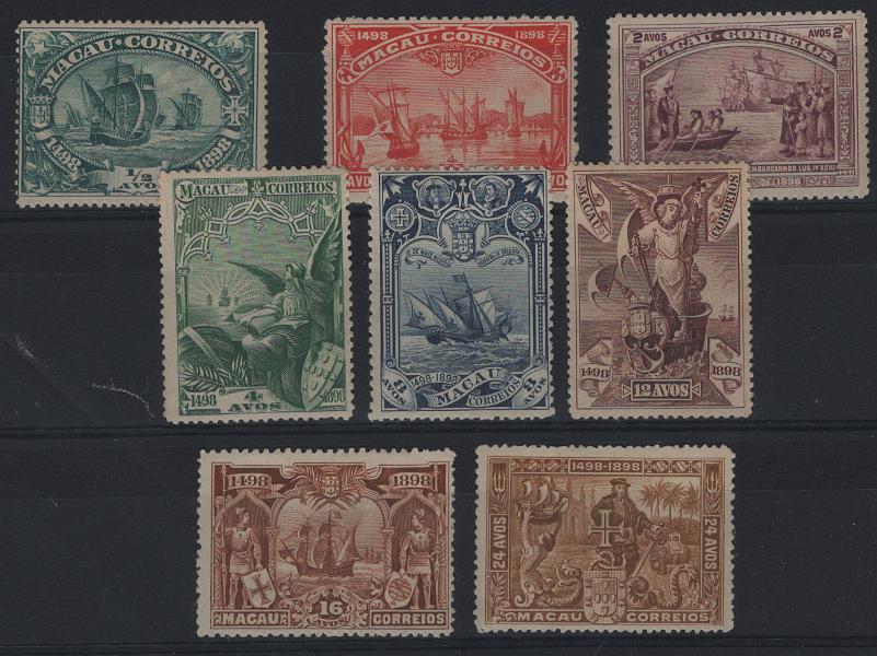 1298.jpg -     Lote:    1298            Macau       Descrição:         1898 &mdash; 4.º Centenário do Descobrimento do Caminho Marítimo para a Índia. CE 70/77. Série completa. Valor de catálogo &euro; 150,00.        **       Valor Base:     &euro; 30,00     Valor Venda:     &euro;      