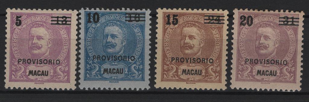 1300.jpg -     Lote:    1300            Macau       Descrição:         1899 &mdash; D. Carlos I, com sobretaxa. CE 91/94. Série completa. Valor de catálogo &euro; 70,00.        *       Valor Base:     &euro; 20,00     Valor Venda:     &euro;      