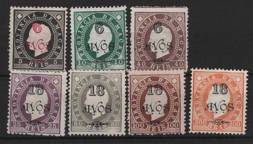 1301.jpg -     Lote:    1301            Macau       Descrição:         1902 &mdash; D. Luís I, com sobretaxa. CE102/110. Série incompleta. Faltam selos CE 105 e 109. Valor de catálogo &euro; 370,50.        **/*       Valor Base:     &euro; 75,00     Valor Venda:     &euro;      