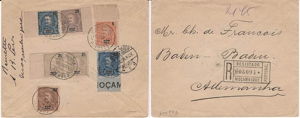 1418.jpg -     Lote:    1418            Moçambique       Descrição:         1898/1901 &mdash; D. Carlos I Mouchon. Sobrescrito circulado registado de Moçambique (21.11.98), para Baden (25.12-.98), com selos de 2 &frac12; (par), 5, 20, 50, 100 e 150 reis, CE 53, 54, 57, 59, 62 e 63.        Carta       Valor Base:     &euro; 20,00     Valor Venda:     &euro;      