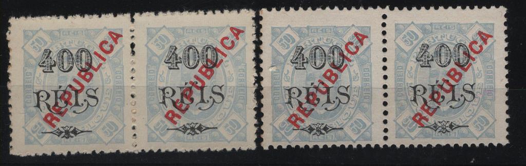 1419.jpg -     Lote:    1419            Moçambique       Descrição:         1915/20 &mdash; D. Carlos, com sobretaxa sobrecarga REPUBLICA local. CE177, 400/50 reis. Lote com dois pares horizontais, em papel porcelana, denteado 11 &frac12;, e papel pontinhado, denteado 12 &frac12;. Valor de catálogo &euro; 328,00.        *       Valor Base:     &euro; 40,00     Valor Venda:     &euro;      