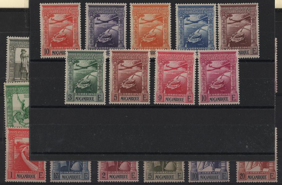 1422.jpg -     Lote:    1422            Moçambique       Descrição:         1938 &mdash; Império Colonial Português + Correio Aéreo * Império Colonial Português. Lote com as duas séries completas. CE289/306 + CE CA 1/9. Valor de catálogo &euro; 200,00.        ***       Valor Base:     &euro; 40,00     Valor Venda:     &euro;      