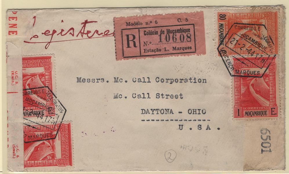 1423.jpg -     Lote:    1423            Moçambique       Descrição:         1938 &mdash; Império Colonial Português. Sobrescrito circulado registado de L. Marques (21.02.44) para os EUA (17.04.1944), franquiado com selos de 80 C e 3x1E, CE300 e 301, censurado com cinta de censura da África do Sul.        Carta       Valor Base:     &euro; 12,00     Valor Venda:     &euro;      