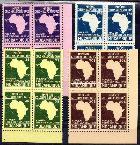 1424.jpg -     Lote:    1424            Moçambique       Descrição:         1939 &mdash; Segunda Viagem Presidencial às Colónias. CE 308/311. Série completa em quadras, sem goma. Valor de catálogo &euro; 880,00.        *       Valor Base:     &euro; 60,00     Valor Venda:     &euro;      