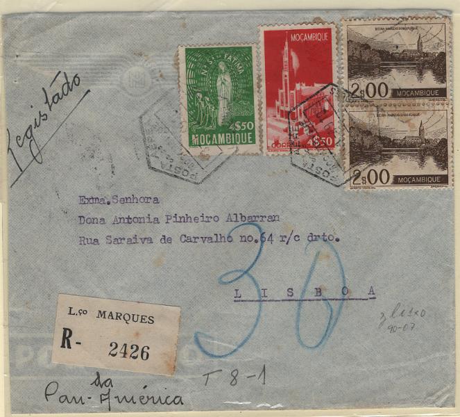 1427.jpg -     Lote:    1427            Moçambique       Descrição:         1944/48 &mdash; Catedral de L. Marques + Vistas de Moçambique + Fátima. Sobrescrito circulado registado de L. Marques (03.01.49) para Lisboa (14.01.49), franquiado.com selos de 4$50 CE 321, (par), 2$00 (par) CE336 e 4$50, CE346.        Carta       Valor Base:     &euro; 12,00     Valor Venda:     &euro;      