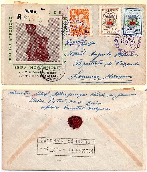 1430.jpg -     Lote:    1430            Moçambique       Descrição:         1954 &mdash; 1.ª Exposição Filatélica de Manica e Sofala + Assistência Pública * Pelicano. Sobrescrito comemorativo do 1.º dia de circulação, circulado registado da Beira (01.12.54) para Lourenço Marques (03.12.54) com série completa CE 420/421 e selo do imposto postal de $50 CE IP54.        FDC       Valor Base:     &euro; 15,00     Valor Venda:     &euro;      