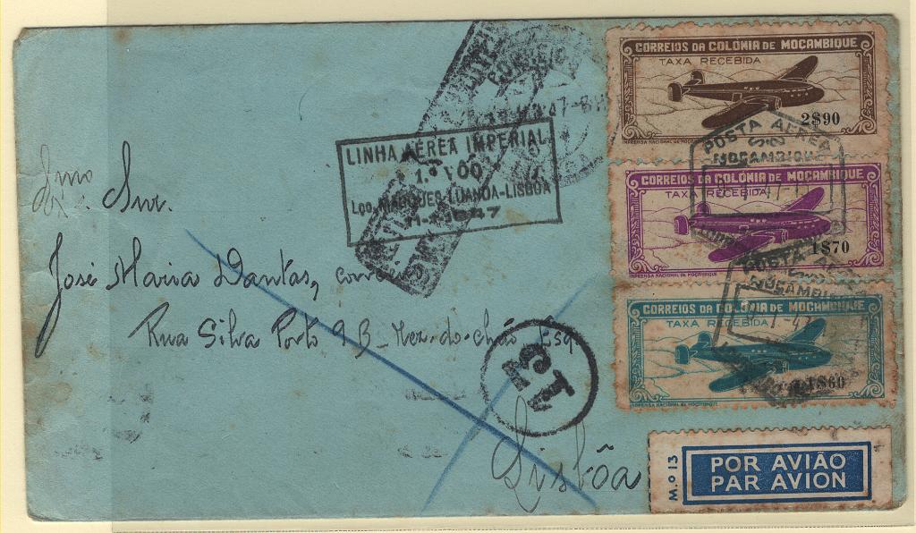 1434.jpg -     Lote:    1434            Moçambique       Descrição:         1946 &mdash; Correio aéreo. Avião. Sobrescrito circulado por via aérea "Linha Aérea Imperial" de L. Marques (09.01.47) para Lisboa (17.01.47) e devolvido ao remetente, com selos de 1$60, 1$70 e 2$90, CE CA 12/14.        Carta       Valor Base:     &euro; 15,00     Valor Venda:     &euro;      