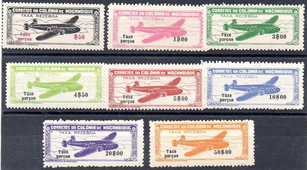 1435.jpg -     Lote:    1435            Moçambique       Descrição:         1947 &mdash; Correio Aéreo. "Avião", com legenda "Taxe perçue". CE CA 16/23. Série completa com goma não original. Lote a ver.        (*)       Valor Base:     &euro; 40,00     Valor Venda:     &euro;      