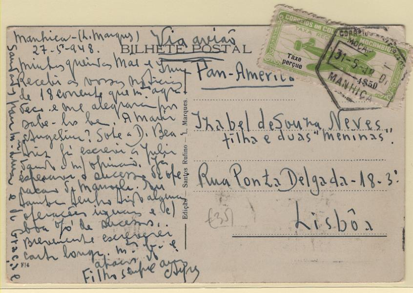 1437.jpg -     Lote:    1437            Moçambique       Descrição:         1947 &mdash; Correio aéreo. Avião, com legenda "Taxe Perçue". Postal ilustrado circulado de Manhiça (31.05.48) para Lisboa com selo de 4$50, CE CA19. B.        PI       Valor Base:     &euro; 20,00     Valor Venda:     &euro;      