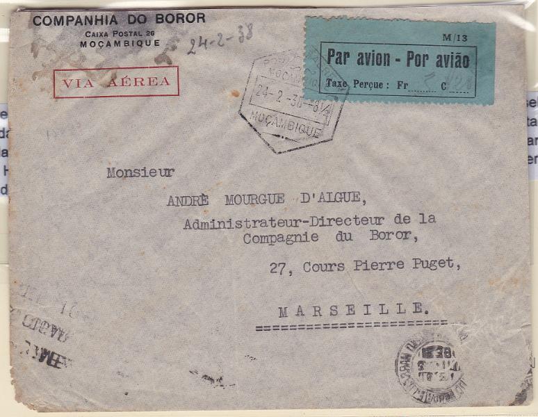 1439.jpg -     Lote:    1439            Moçambique       Descrição:         1936 &mdash; Sobretaxa do correio aéreo * legenda "Taxe perçu. CE SCA5. Sobrescrito circulado de Moçambique (24.02.38) para Marselha (02.03.38) com o porte manuscrito de 3$20.        Carta       Valor Base:     &euro; 15,00     Valor Venda:     &euro;      