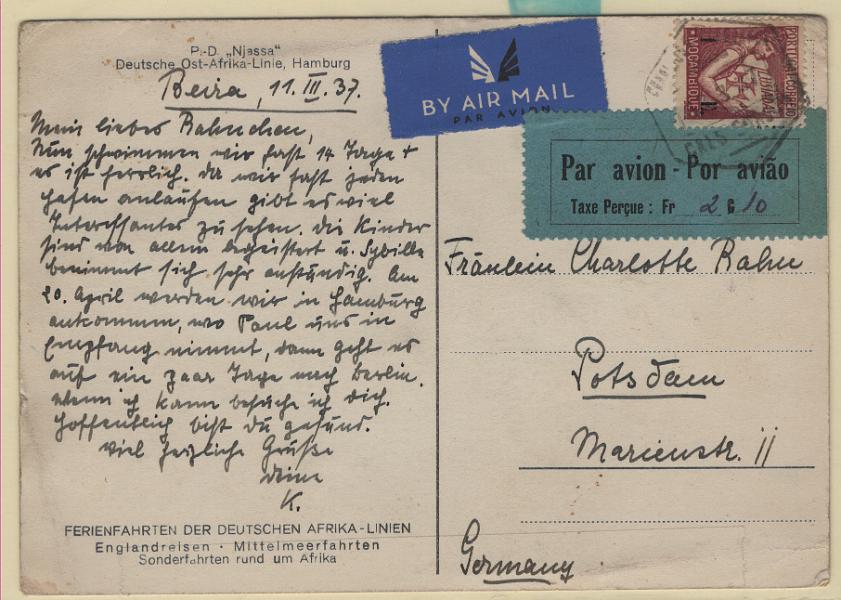 1440.jpg -     Lote:    1440            Moçambique       Descrição:         1933/36 &mdash; Lusíadas + Sobretaxa do correio aéreo. Legenda "Taxe Perçue". Postal ilustrado circulado de Caes Gorjão (12.03.37) para a Alemanha com selo de 1E283 e etiqueta M-13 com o porte de 2$10 manuscrito.        PI       Valor Base:     &euro; 35,00     Valor Venda:     &euro;      