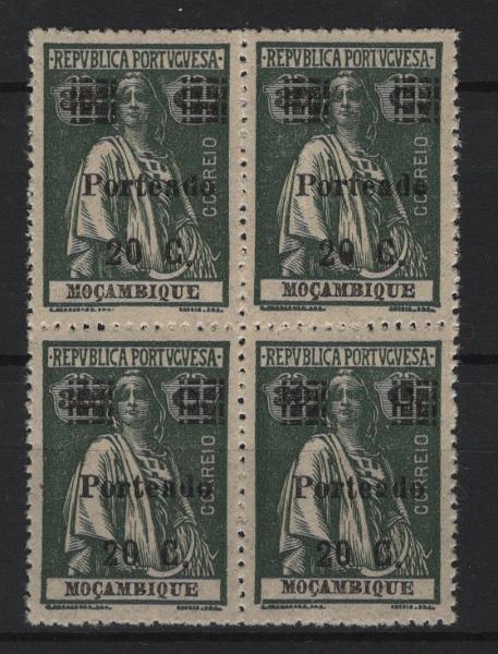 1441.jpg -     Lote:    1441            Moçambique       Descrição:         1924, Porteado, Ceres com sobretaxa e sobrecarga. CE POR49, 20c s/ 30c, denteado 15x14. Quadra. Valor de catálogo &euro; 200,00.        ***       Valor Base:     &euro; 30,00     Valor Venda:     &euro;      