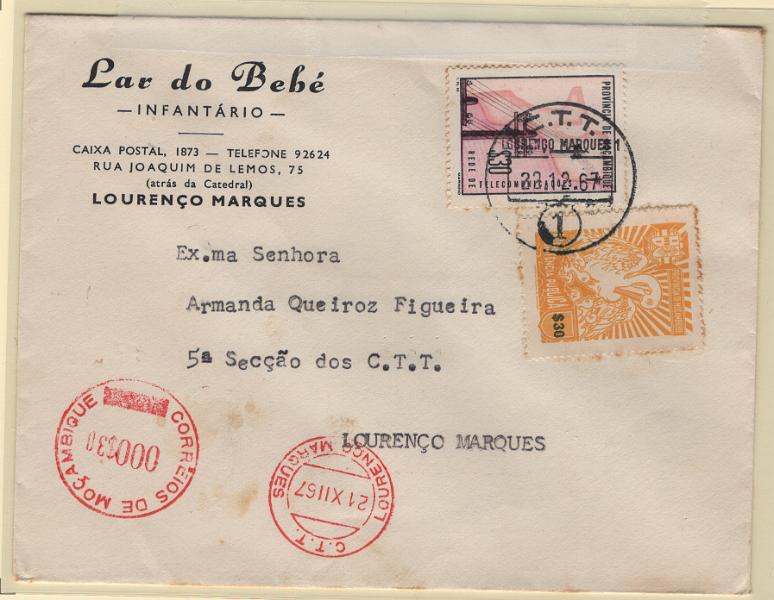 1442.jpg -     Lote:    1442            Moçambique       Descrição:         195/67 &mdash; Imposto Postal. Tipo Pelicano. Legenda Província de Moçambique + Rede de telecomunicações. Sobrescrito com franquia mecânica de $30, circulado em L. Marques (21.12.67), com selos de $30, CE IP60 e $30, CE IP68.        Carta       Valor Base:     &euro; 12,00     Valor Venda:     &euro;      