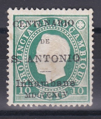 1443.jpg -     Lote:    1443            Inhambane       Descrição:         1895 &mdash; D. Luís Fita direita. Selos de Moçambique com sobrecarga "Centenário de S. António / Inhambane / MDCCCXCV. CE2, 10 réis verde denteado 13 &frac12;. Certificado de Peritagem de J. M. Miranda da Mota. Valor de catálogo &euro; 315,00.        *       Valor Base:     &euro; 90,00     Valor Venda:     &euro;      