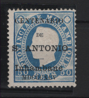 1444.jpg -     Lote:    1444            Inhambane       Descrição:         1895 &mdash; Selos de D. Luís I de Moçambique, com sobrecarga "Centenário de S. António", CE6, 50 reis, denteado13 &frac12;. Valor de catálogo &euro; 280,00.        *       Valor Base:     &euro; 30,00     Valor Venda:     &euro;      