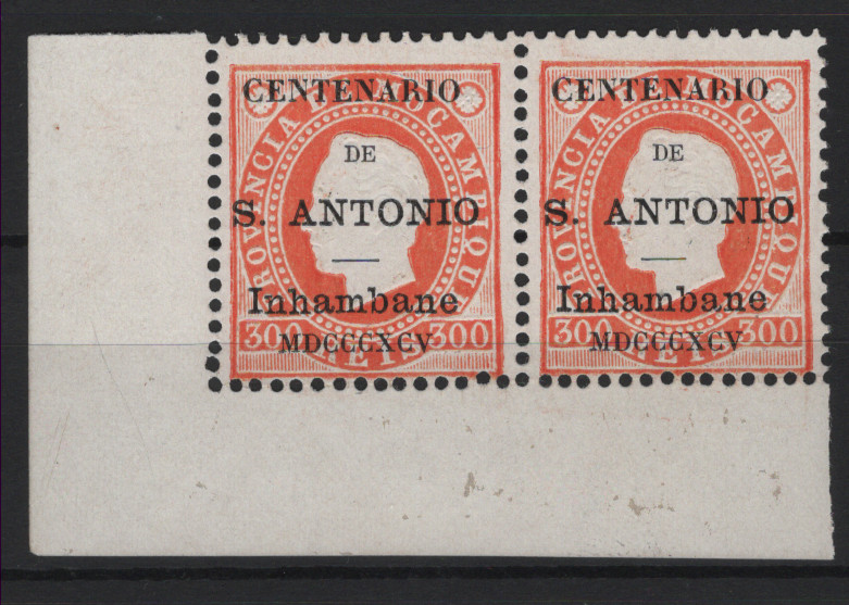 1446.jpg -     Lote:    1446            Inhambane       Descrição:         1895 &mdash; Selos de D. Luís I de Moçambique, com sobrecarga "Centenário de S. António", CE9, 300 reis, denteado12 &frac12;. Par horizontal, canto de folha. Valor de catálogo &euro; 320,00.        *       Valor Base:     &euro; 50,00     Valor Venda:     &euro;      
