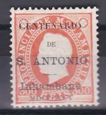 1447.jpg -     Lote:    1447            Inhambane       Descrição:         1895 &mdash; D. Luís. Fita direita. Selos de Moçambique com sobrecarga "Centenário de S. António / Inhambane / MDCCCXCV. CE9, 300 réis laranja, denteado 12 &frac12;. Certificado de Peritagem de J. M. Miranda da Mota. Valor de catálogo &euro; 160,00.        *       Valor Base:     &euro; 45,00     Valor Venda:     &euro;      