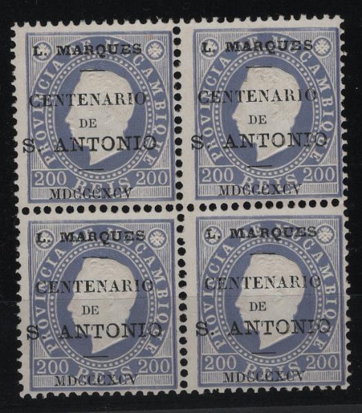 1451.jpg -     Lote:    1451            Lourenço Marques       Descrição:         1895 &mdash; Selos de D. Luís I de Moçambique, com sobrecarga "Centenário de S. António", CE21, 200 reis, denteado12 &frac12;. Quadra. Valor de catálogo &euro; 252,00.        *       Valor Base:     &euro; 30,00     Valor Venda:     &euro;      